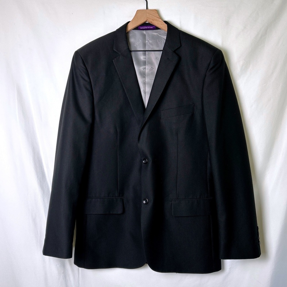 Vinci Mens 2 Piece Suit Set Jacket Size 42L Pants 36x31 Micro Check Formal Black